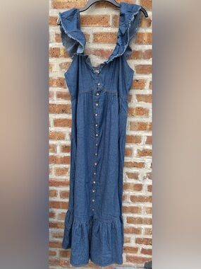 Button-Front Denim Maxi Dress with Ruffle Straps